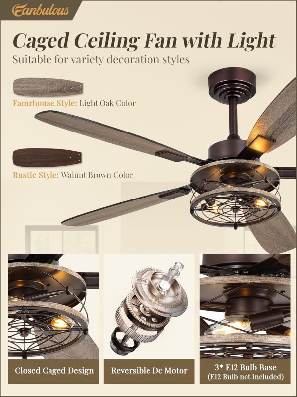52 Inch Farmhouse Ceiling Fan with Light and Remote, Oil Bronze Industrial Flush Mount Ceiling Fans with 6 Speed Reversible Motor and Dual Finish 5 Blades, Rustic Ceiling Fan for Living Room, Bedroom