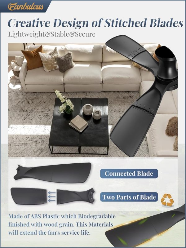 52 Inch Ceiling Fans with Lights and Remote, 3 Blades Flush Mount Low Profile Ceiling fan, Efficient 3475 CFM, Safe ABS, Timer, Quiet 35dB, 3CCT, Reversible for Bedroom Living Room, Black