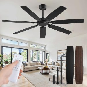 62 Inch Ceiling Fan No Light with Remote Control, Black Ceiling Fans Without Light With 6-Speeds Quiet Reversible DC Motor, Indoor/Outdoor Ceiling Fan with Dual Finish 7 Blades for Patio Living Room