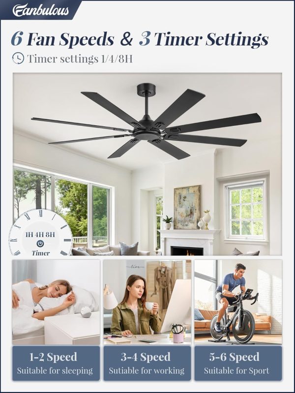 72 Inch Ceiling Fans No Light with Remote, Modern Ceiling Fan Without Light, Dual Finish 8 Blades, Reversible Quiet DC Motor, 6 Speed, Large Ceiling Fan for Indoor or Covered Outdoor, Black