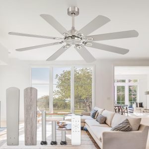 62 Inch Ceiling Fans No Light with Remote, Modern Ceiling Fan Without Light, Dual Finish 8 Blades, Reversible Quiet DC Motor, 6 Speed, Large Ceiling Fan for Indoor or Covered Outdoor, Nickel