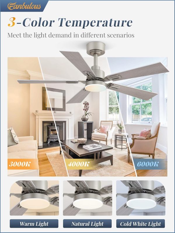 2 Pack of 42 Ceiling Fans with Lights and Remote, Modern Low Profile Ceiling Fans with Dimmable 3CCT Quiet DC Motor, Reversible Celing Fan with 6-Speeds Timer for Bedroom, Nickel