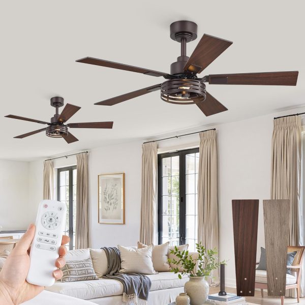 42 Inch Farmhouse Ceiling Fan with Lights 2 Pack, Rustic Bronze Ceiling Fans with Remote, 5 Dual Finish Blades, Quiet 6 Speed Reversible DC Motor, Caged Industrial Fan for Bedroom, Living Room, Patio