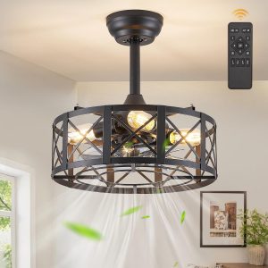 16in Black Fandelier Ceiling Fans with Lights and Remote, Caged Enclosed Farmhouse Ceiling Fan with 6 Speeds and Timing, Small Bladeless Chandelier Fan Lights Ceiling Fixtures-Black