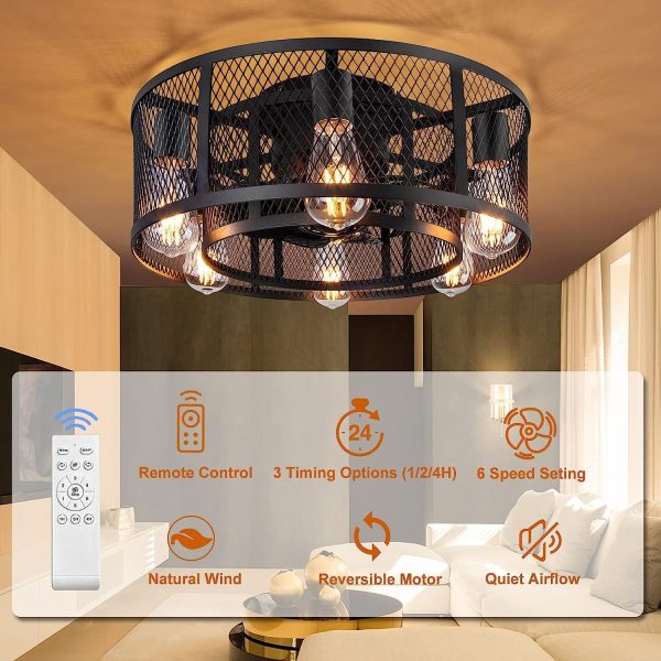 Cage Ceiling Fan with Light - 21'' Farmhouse Flush Mount Ceiling Fan Remote Control, Small Bladeless Caged Ceiling Fan for Kitchen Bedroom