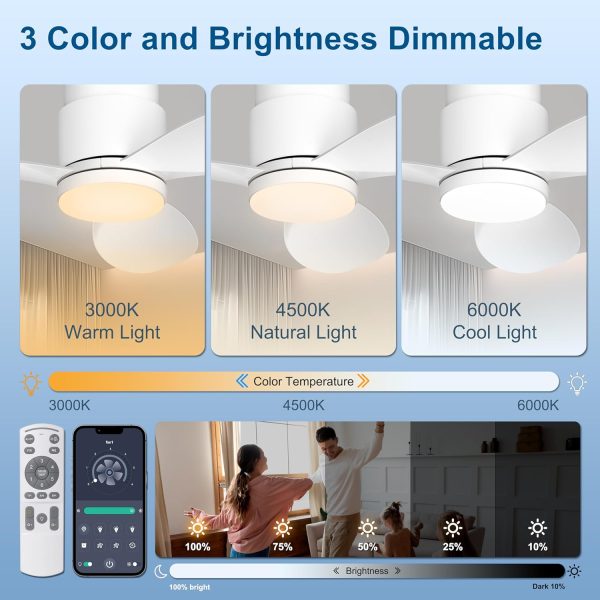 Flush Mount Ceiling Fans with Lights, Remote/App Control, Dimmable, Silent Indoor/Outdoor Ceiling Fan for Porch, Bedroom, Kitchen, White
