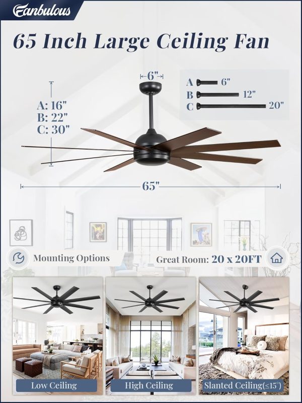 65 Inch Ceiling Fans, Black Indoor/Outdoor Ceiling Fan with Quiet Reversible DC Motor, 6 Speeds, 8 Blades Large Ceiling Fan for Living Room Bedroom Patio