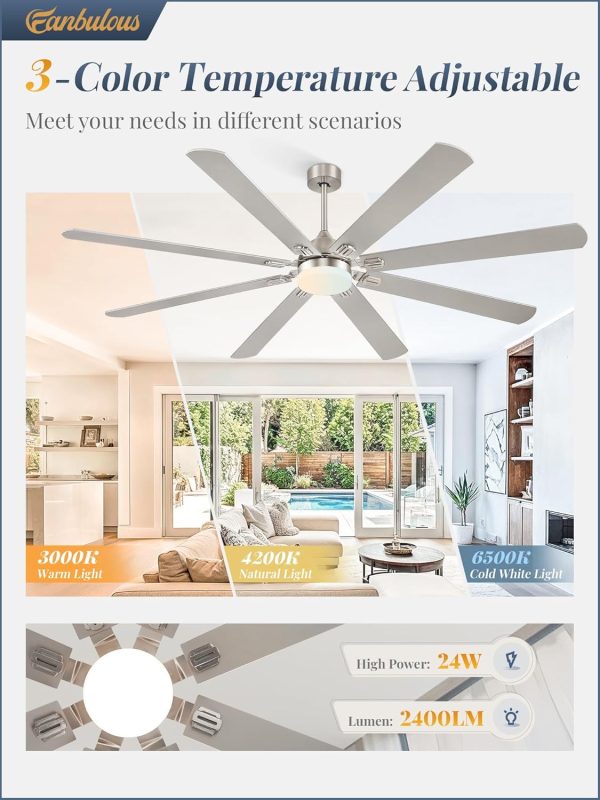80 Inch Ceiling Fans with Lights,Nickel Modern Ceiling Fan with Remote,Large Farmhouse Indoor & Outdoor Ceiling Fan with 8 Dual Finish Blades, Quiet DC Motor, Bright LED Light