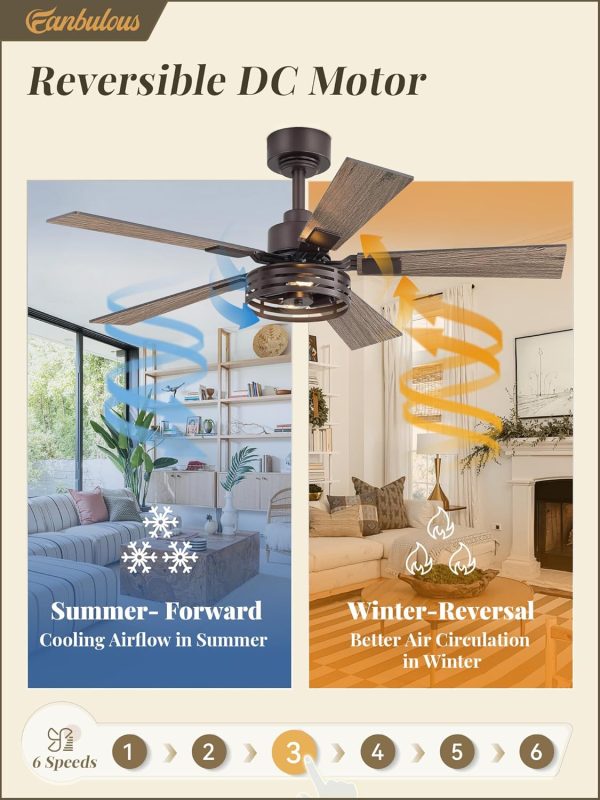 42 Inch Farmhouse Ceiling Fan with Lights 2 Pack, Rustic Bronze Ceiling Fans with Remote, 5 Dual Finish Blades, Quiet 6 Speed Reversible DC Motor, Caged Industrial Fan for Bedroom, Living Room, Patio