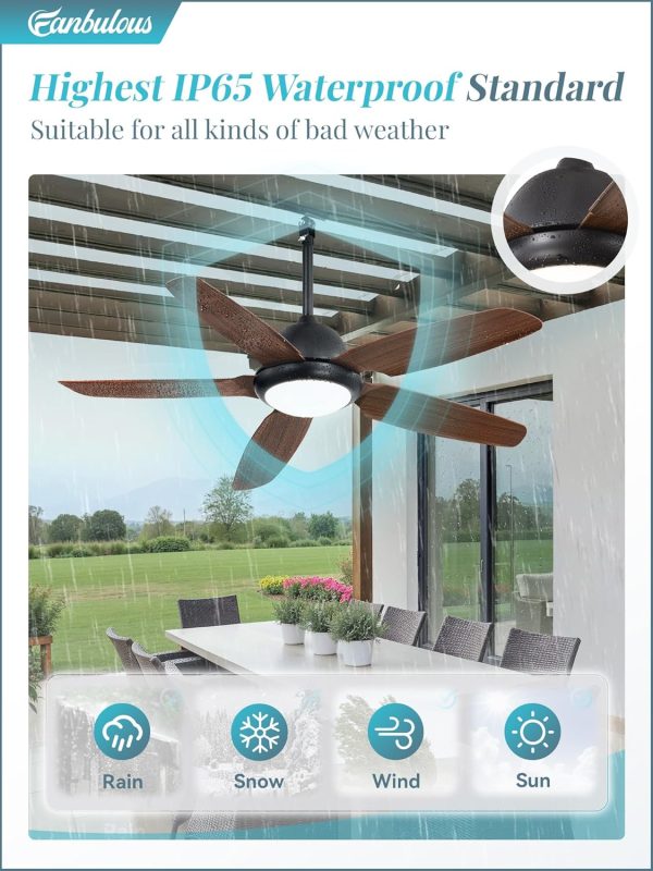 52 Inch Wet Rated Outdoor Ceiling Fan with Lights and Remote,IP65 Hanging Gazebo Fan with 3CCT 6-Speed DC Motor,Brown Waterproof Plug in Ceiling Fan with Cord for Patios Porch Pergola Pavilion
