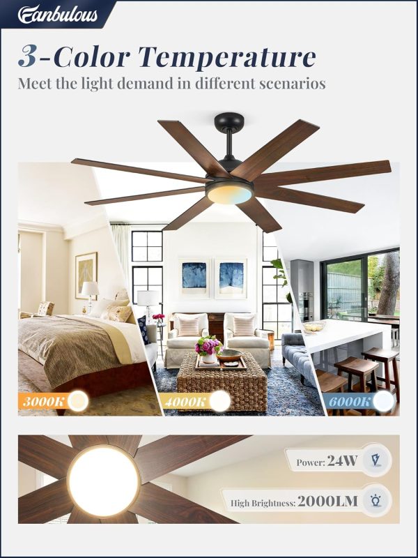 Ceiling Fans with Lights, 60 inch Black Ceiling Fan with Light and Remote, Outdoor Ceiling Fans for Living Room Patio, 6 Speeds, Reversible Quiet DC Motor, 3 CCT, Bi-color 8 Blades