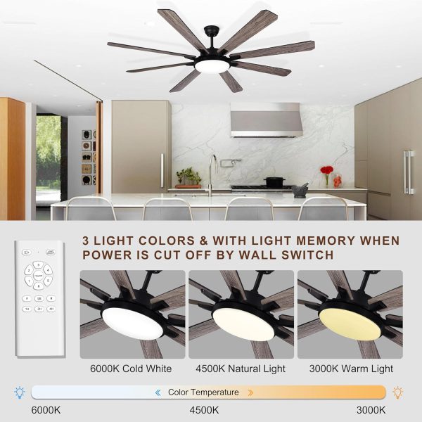 Ceiling Fan with Light and Remote - Large Indoor Outdoor Ceiling Fan, 6 Speeds Reversible DC Motor, 8 Blades Farmhouse Industrial Ceiling Fans for Living Room Patio Bedroom, Black and Wood