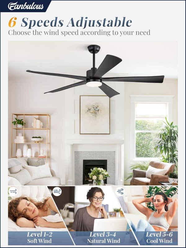 60 Inch Ceiling Fans with Lights and Remote, Black Modern Plug in Ceiling Fan with 6 Speeds,Bright LED Light,Reversible Quiet DC Motor for Bedroom,Living Room