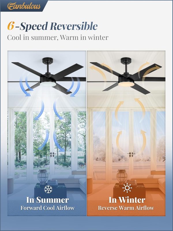 56 Inch Ceiling Fans with Lights and Remote, Reversible 6 Blades, Dimmable, 3000K-6000K Adjustable, Outdoor Ceiling Fans for Patios, Large Ceiling Fan for Indoor or Covered Outdoor-Black