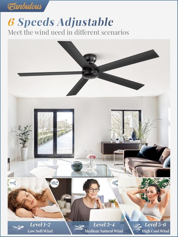 60 Inch Flush Mount Ceiling Fan no Lights, Black Ceiling Fan, 6-Speeds, Quiet Reversible DC Motor, Indoor/Outdoor Large Ceiling Fans without Lights for Living Room, Bedroom,Patio