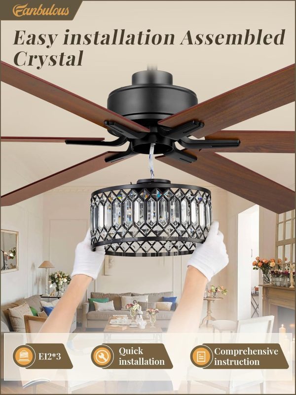 65 Inch Farmhouse Crystal Ceiling Fan with Lights and Remote, Chandelier Ceiling Fan with Quiet Reversible DC Motor, Wood Blades - Ideal for Bedroom