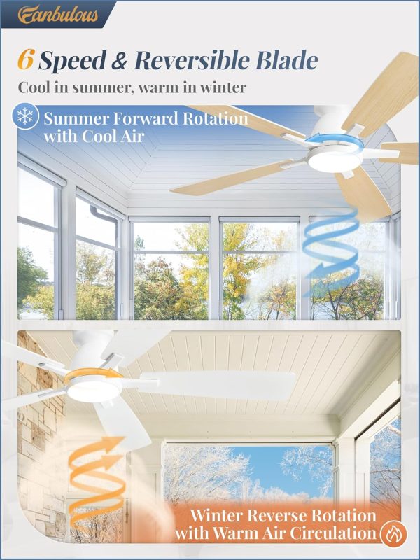 52 inch Ceiling Fans with Lights, Smart Flush Mount Ceiling Fan and Remote APP, Modern Low Profile, 3CCT 20W LED with 6-Speeds Quiet Reversible Motor for Bedroom, Living Room, Kitchen, White