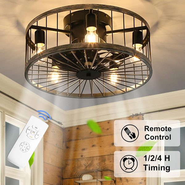 Flush Mount Caged Ceiling Fan with Lights Remote Control, 20 Inch Low Profile Farmhouse Ceiling Fan, Bladeless Enclosed Rustic Wood Color Edge Ceiling Fans for Living Room Bedroom