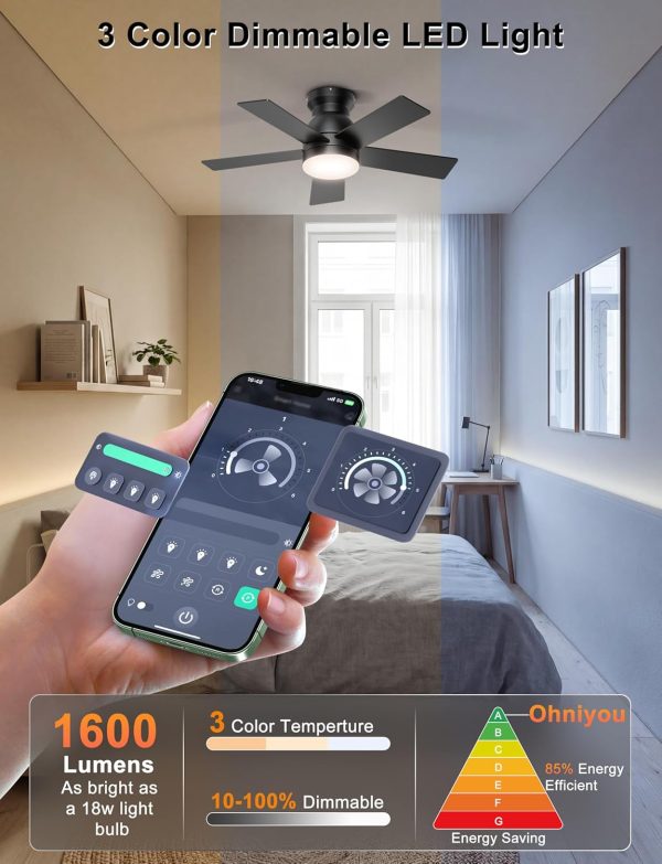 Ceiling Fans with Lights, 32 Inch Low Profile Ceiling Fan with Light and Remote/APP Control, Flush Mount, Dimmable, Qiuet DC Motor, Black Small Indoor Ceiling Fan for Bedroom, Kitchen