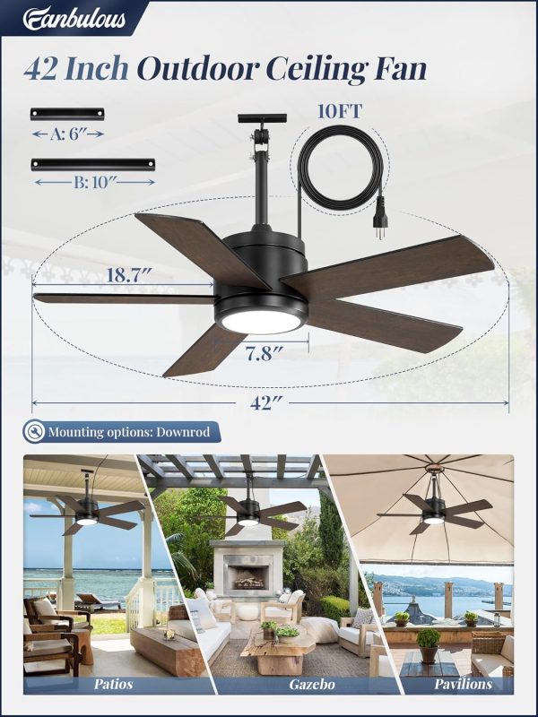 42 In Outdoor Ceiling Fan Hanging Fan Outdoor Ceiling Fans, Waterproof, with Light, Remote, 42 In, Wet Rated, IP65, 6 Speed, 3CCT, Plug in, for Patios, Porch, Gazebo, Black