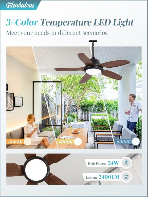 42 Inch Wet Rated Outdoor Ceiling Fan with Lights and Remote,IP65 Hanging Gazebo Fan with 3CCT 6-Speed DC Motor,Brown Waterproof Plug in Ceiling Fan with Cord for Patios Porch Pergola Pavilion