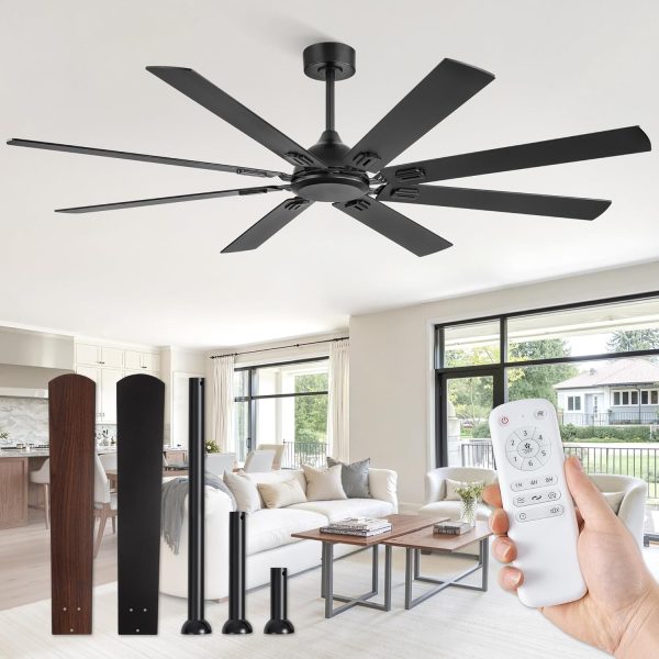 72 Inch Ceiling Fans No Light with Remote, Modern Ceiling Fan Without Light, Dual Finish 8 Blades, Reversible Quiet DC Motor, 6 Speed, Large Ceiling Fan for Indoor or Covered Outdoor, Black