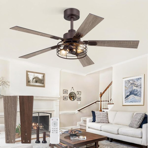 1 Pack Farmhouse 60 Inch Ceiling Fans with Lights, Industrial Caged Ceiling Fans for Bedroom Living Room, Double-Sided 5 Blades Rustic Ceiling Fan-Oil Bronze