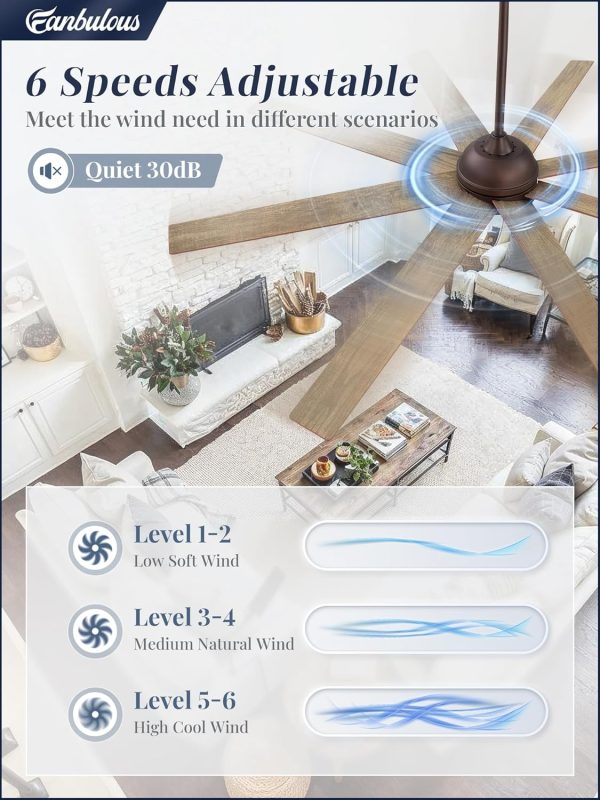 72 Inch large Ceiling Fan without Light, Brown Farmhouse Ceiling Fan with Remote, 6-Speeds, Quiet Reversible DC Motor, Indoor/Outdoor Ceiling Fans no Light for Living Room, Garage, Patio