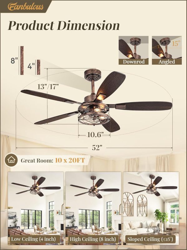 52 Inch Farmhouse Ceiling Fan with Light and Remote, Black and Gold Industrial Caged Ceiling Fans with 6 Speed Reversible Motor and Dual Finish 5 Blades, Rustic Ceiling Fan for Living Room, Bedroom