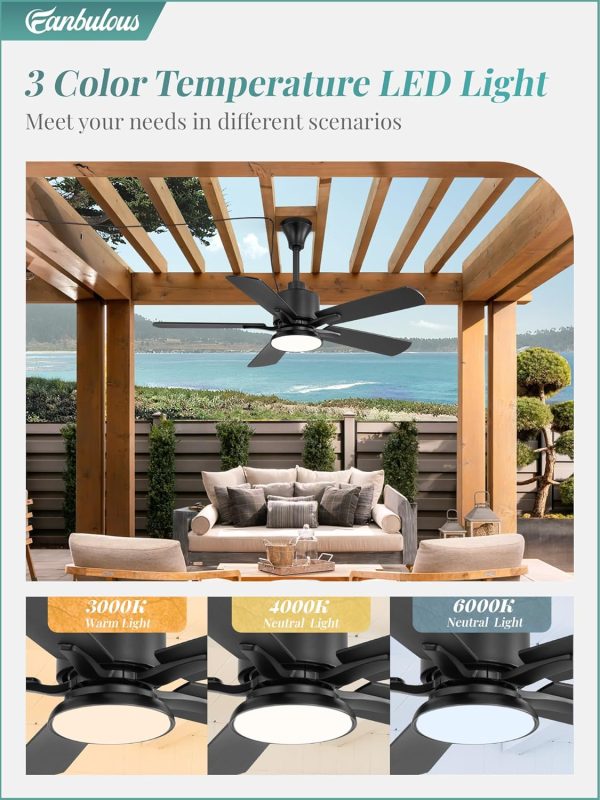 Outdoor Ceiling Fans with Light for Patios, IP65 Waterproof Gazebo Fan, Plug in Ceiling Fan with Remote, 3CCT 6-Speed Black Ceiling Fan with Hanging Hook for Porch, Pergola,Canopy