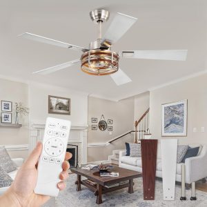 81Ssup8UuhL._AC_SL1500_.jpg Farmhouse Ceiling Fans with Light, 48 Inch Bedroom Ceiling Fan with Lights, 6-Speed Adjustable, Quiet and Reversible DC Motor, 5 Dual Finish Blades, Rustic Caged Ceiling FanBrushed Nickel
