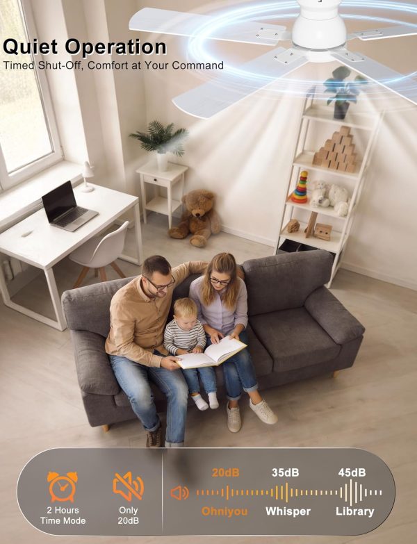 Ceiling Fans with Lights, 52 Inch Low Profile Ceiling Fan with Light and Remote/APP Control, Flush Mount, Dimmable, Qiuet DC Motor, White Ceiling Fan for Bedroom, Living Room