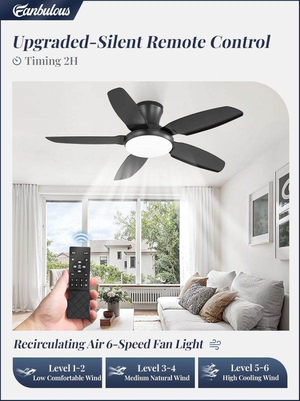 Ceiling Fans with Lights, 42 inch Low Profile Flush Mount Ceiling Fan with Remote/APP Control,Black Modern Ceiling Fan with LED Light for Bedroom Indoor Outdoor-LED Dimmable, 3CCT, 6 Speeds