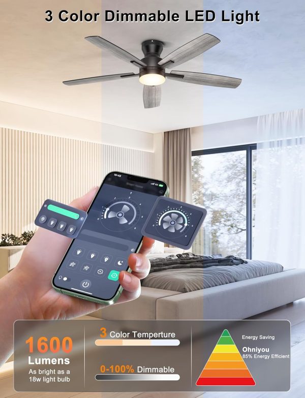 Ceiling Fans with Lights, Low Profile Ceiling Fan with Light and Remote/APP Control, Modern Flush Mount Ceiling Fan for Indoor Bedroom Living Room, Dimmable, Qiuet DC Motor, Black