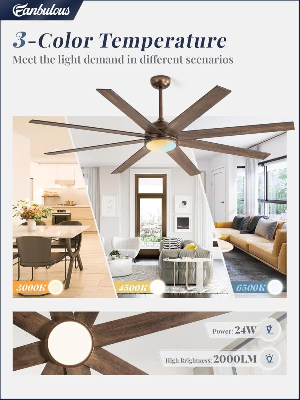 Ceiling Fans with Lights, 72 inch Large Ceiling Fan with Light and Remote, Outdoor Bronze Ceiling Fan for Living Room Patio, 6 Speeds, Reversible Quiet DC Motor, 3 CCT, Bi-color 8 Blades