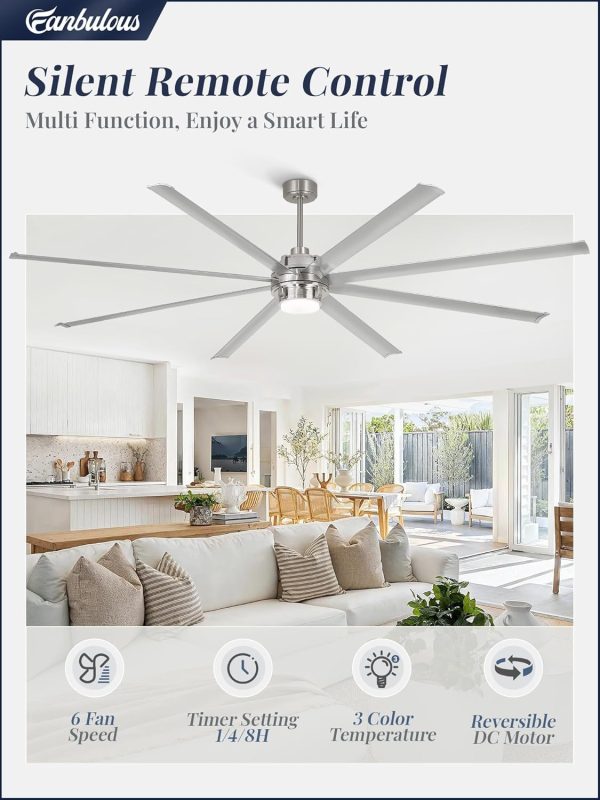 100 Inch Large Ceiling Fans Industrial Ceiling Fan Outdoor with Lights, Remote, 8 Aluminum Blades, DC Motor, 6-Speed, Black, for Living Room, Garage, Shop, Porch(Nickel)