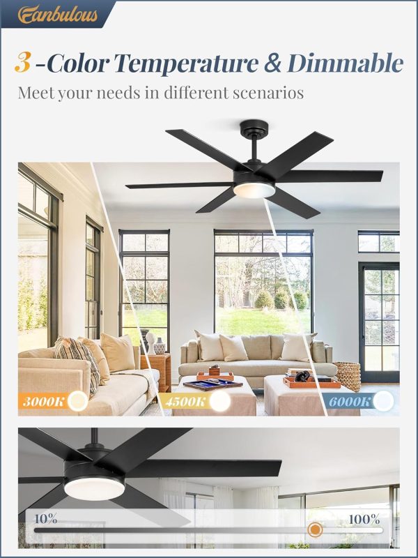 52 Inch Ceiling Fans with Lights and Remote, Reversible 6 Blades, Dimmable, 3000K-6000K Adjustable, Outdoor Ceiling Fans for Patios, Large Ceiling Fan for Indoor or Covered Outdoor, Black