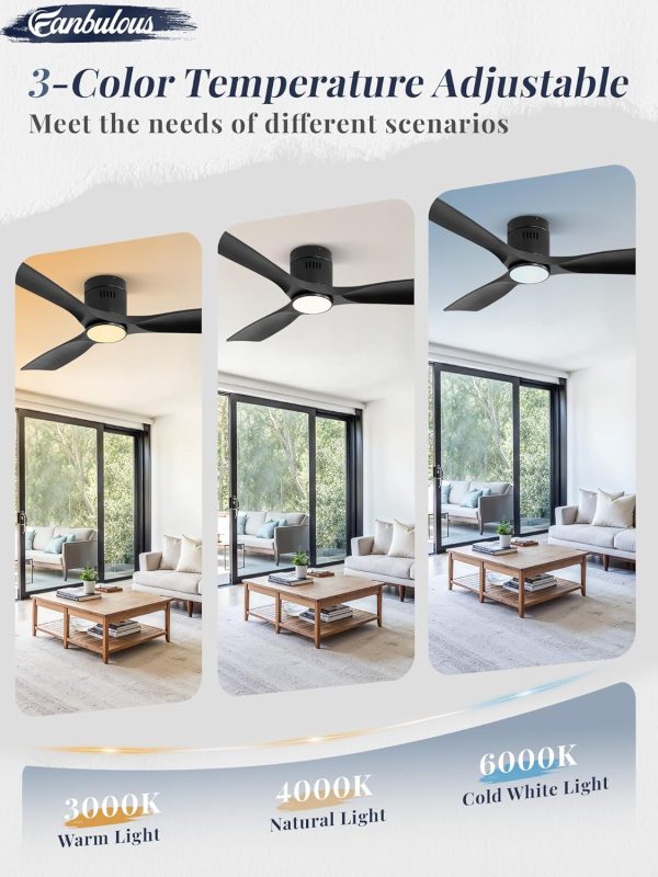 Ceiling Fans with Lights and Remote Control,Modern Flush Mount Ceiling Fan with 3 CCT,Low Profile Ceiling Fans with 6-Speeds Reversible DC Motor for Patio Living Room Bedroom(Black)