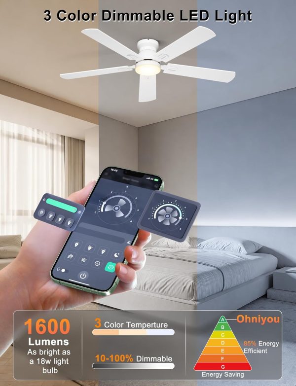 Ceiling Fans with Lights, 52 Inch Low Profile Ceiling Fan with Light and Remote/APP Control, Flush Mount, Dimmable, Qiuet DC Motor, White Ceiling Fan for Bedroom, Living Room