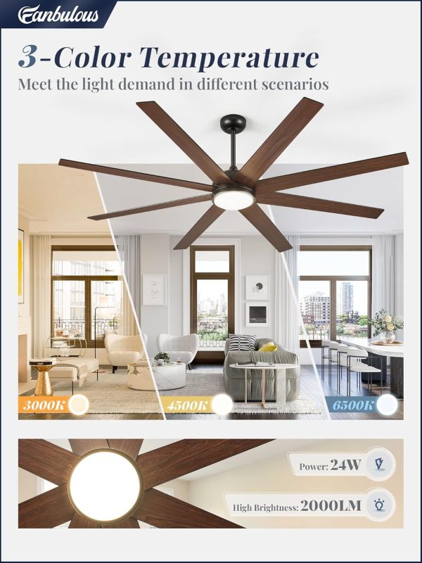 74 Inch Ceiling Fans with Lights and Remote, Black Indoor/Outdoor Ceiling Fan with Quiet Reversible DC Motor, 6 Speeds, 3CCT, 8 Blades Large Ceiling Fan for Living Room Bedroom Patio