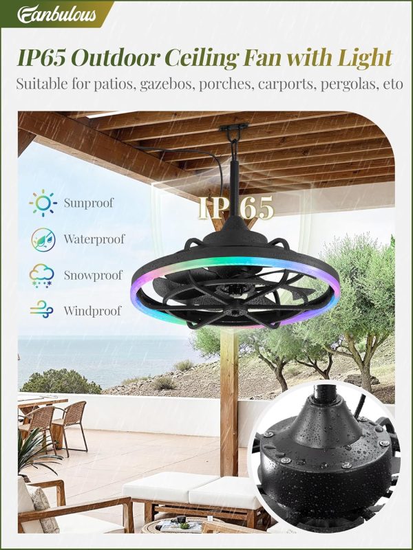 Outdoor RGB Ceiling Fans with Light for Patios, 20" Waterproof Plug in Ceiling Fan, Gazebo Fan Remote&APP Control, 3CCT Dimmable,Caged Ceiling Fan with Hanging Hook for Porch, Pergola