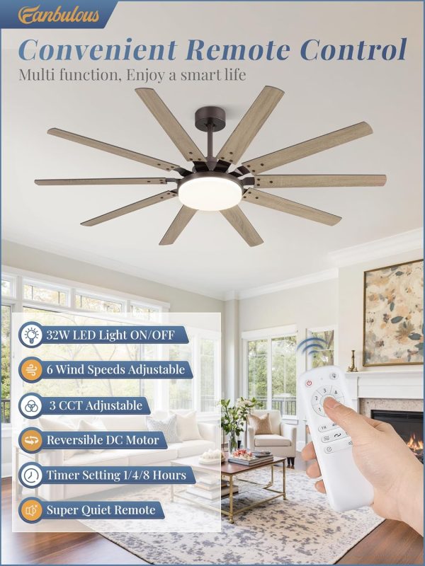 65 inch Large Oil Rubbed Bronze Ceiling Fans with Lights and Remote, Indoor/Outdoor Farmhouse Ceiling Fan with 10 Blades, 32W LED Light 3 CCT, 6 Speed Reversible Quiet DC Motor, Dual Finish Blades