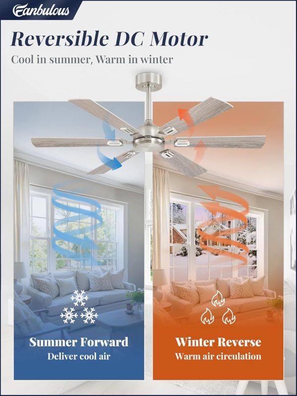 52 Inch Ceiling Fans No Light with Remote, Modern Ceiling Fan Without Light, Dual Finish 6 Blades, Reversible Quiet DC Motor, 6 Speed, Large Ceiling Fan for Indoor or Covered Outdoor, Nickel