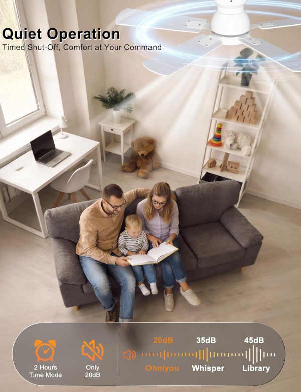 Ceiling Fans with Lights, 42 Inch Low Profile Ceiling Fan with Light and Remote/APP Control, Flush Mount, Dimmable, Qiuet DC Motor, White Small Indoor Ceiling Fan for Bedroom, Kitchen