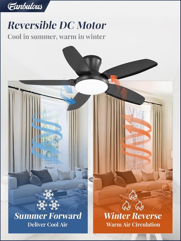 Ceiling Fans with Lights, 42 inch Low Profile Flush Mount Ceiling Fan with Remote/APP Control,Black Modern Ceiling Fan with LED Light for Bedroom Indoor Outdoor-LED Dimmable, 3CCT, 6 Speeds
