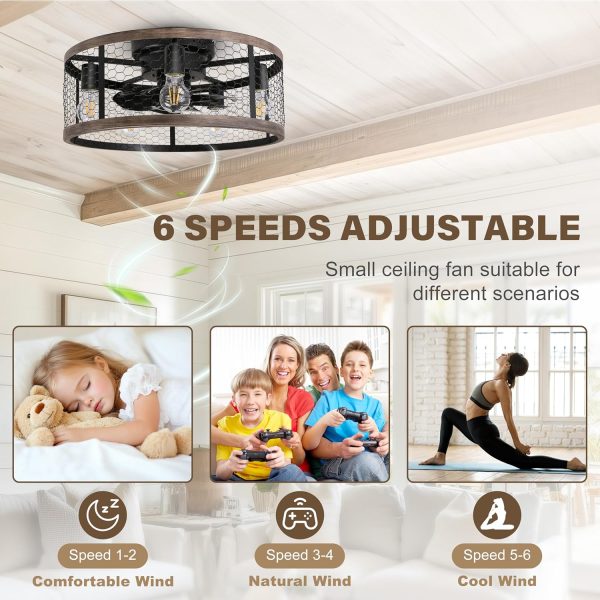 Flush Mount Caged Ceiling Fan with Lights Remote Control, Farmhouse Rustic Low Profile Small Vintage Enclosed Ceiling Fan Lighting Fixture Bedroom Dining Room