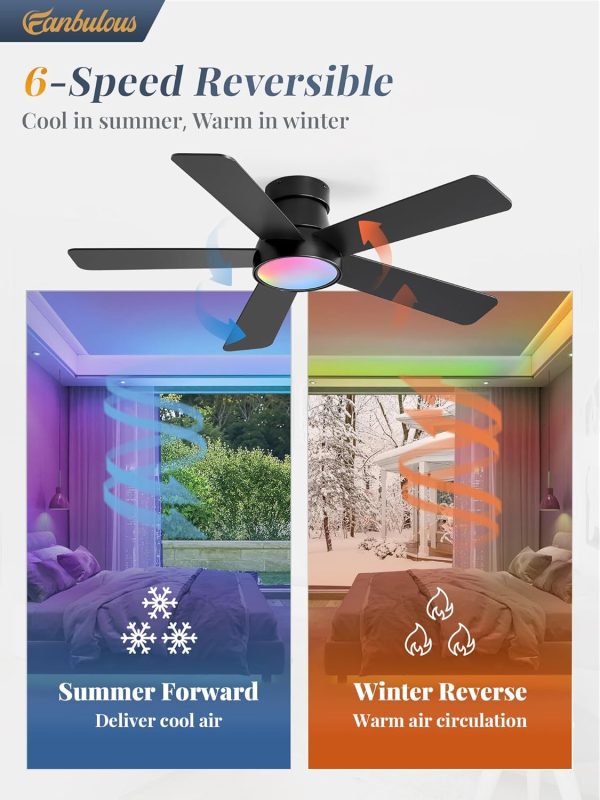 42 Inch Ceiling Fans with Lights and Remote,Outdoor Indoor Modern Flush Mount Ceiling Fan with 3CCT 6-Speed Quiet DC Motor,Small Low Profile Ceiling Fan for Bedroom Living Room OfficeBlack RGB