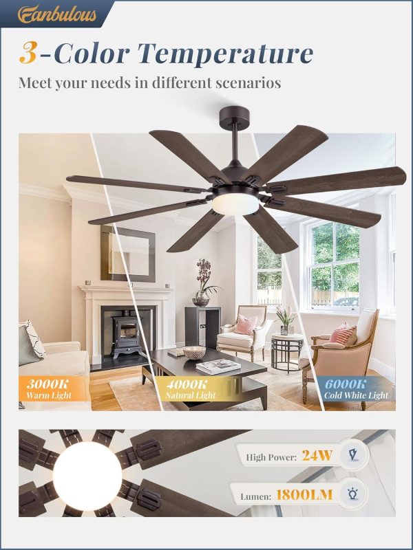 62 Inch Ceiling Fans with Lights, Oil Bronze Modern Ceiling Fan with Remote,Large Farmhouse Indoor & Outdoor Ceiling Fan with 8 Dual Finish Blades, Quiet DC Motor, Bright LED Light