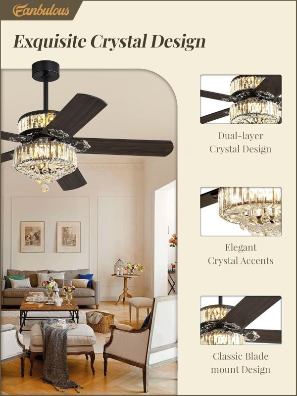 52 Inch Crystal Fandaliers Ceiling Fan with Double-layer LED Light, Chandelier Ceiling fans, 3CCT, 6-Speeds, Quiet DC Motor, Farmhouse Ceiling Fans with Light, Black Ceiling Fan for Bedroom