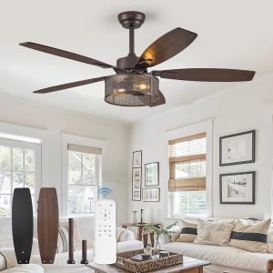 Farmhouse Oil Bronze Ceiling Fans with Lights and Remote, 52 Inch Bedroom Caged Ceiling Fans for Living Room Kitchen6 Speed Reversible Quiet DC Motor, Dual Finish 5 Blades